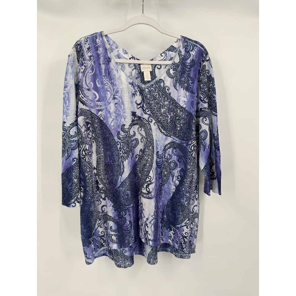 Chicos‎ Womens Boho Eclectic Paisley Top Size 3 US XL Purple Mod Artsy Coastal